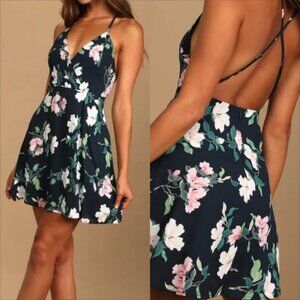 Lulus Truly Twirly Mini Skater Dress XL Womans Navy Blue Floral Cross Open Back